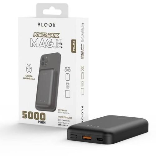 Power Bank BLOOX PB_M1 5.000mAh Carga Magnética Entrada: Tipo C / Salida: USB+Tipo C+Magnético Negro